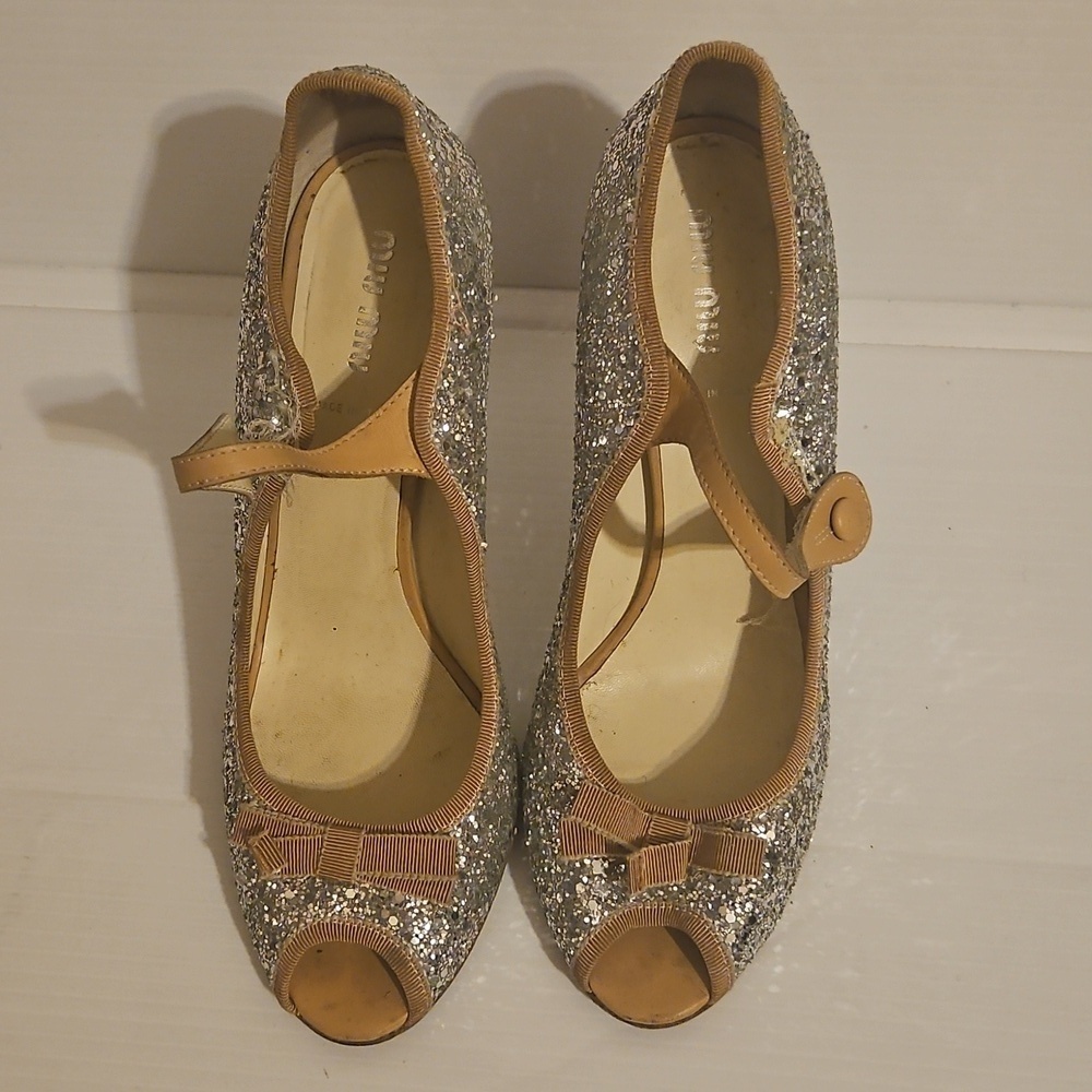 Miu Miu Silver Tan Glitter Mary Jane Open Toe Pumps Size 40